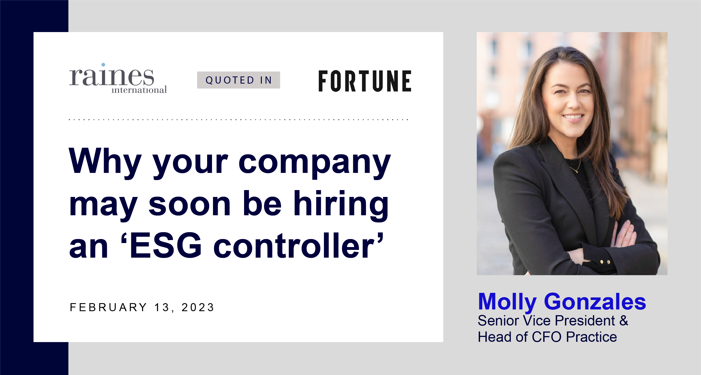 Molly Gonzales, head of CFO Financial Officers Practice for Raines, headshot, with headline from Fortune